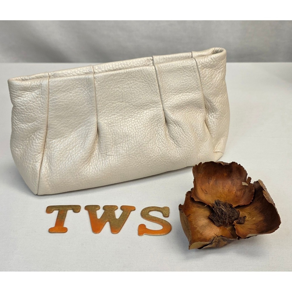 Furla Metallic Cream Pebbled Leather Pearl White Zip Top Clutch Bag